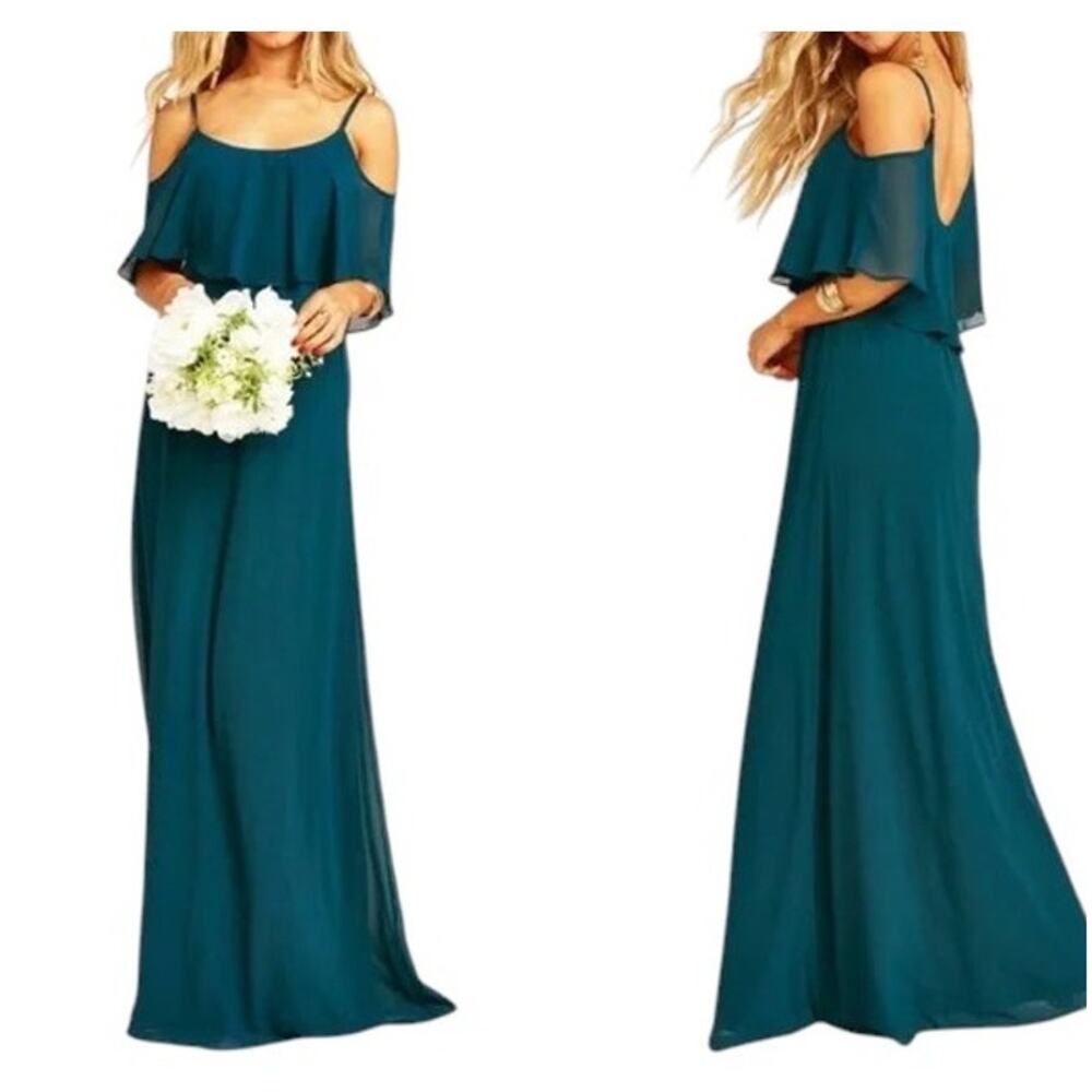 Show Me Your Mumu Caitlin Ruffle Maxi Dress Deep Jade Chiffon Size Medium